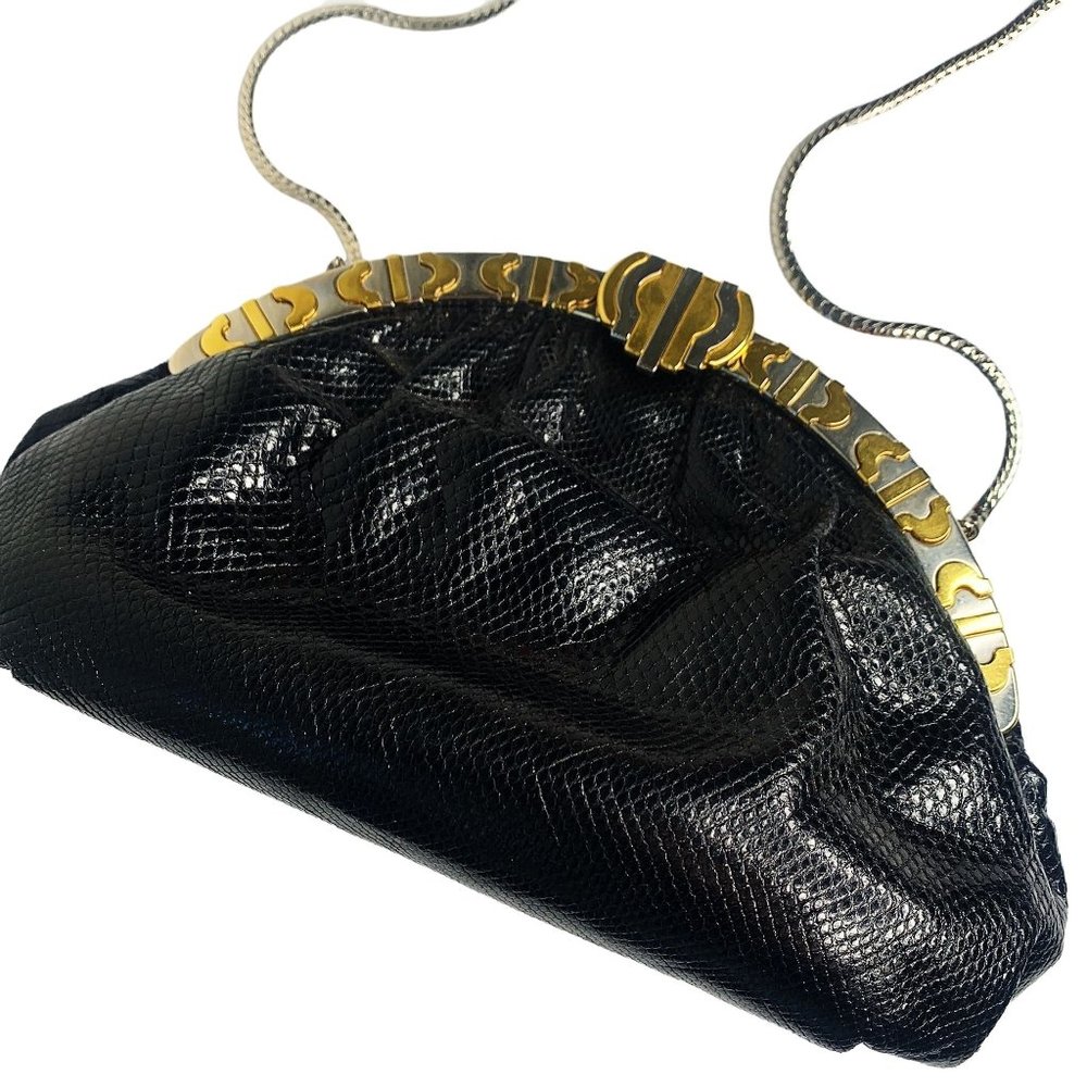 Finesse La Model Vintage Snakeskin Black Egyptian Metal Clutch Crossbody Bag - Picture 1 of 12